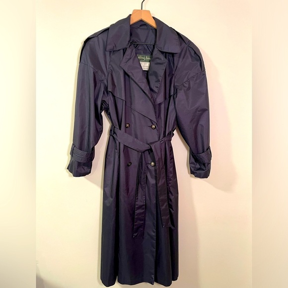 Vintage Sterling Bay Metallic Navy Belted Rain Trench Coat, Size 10P - Picture 1 of 10